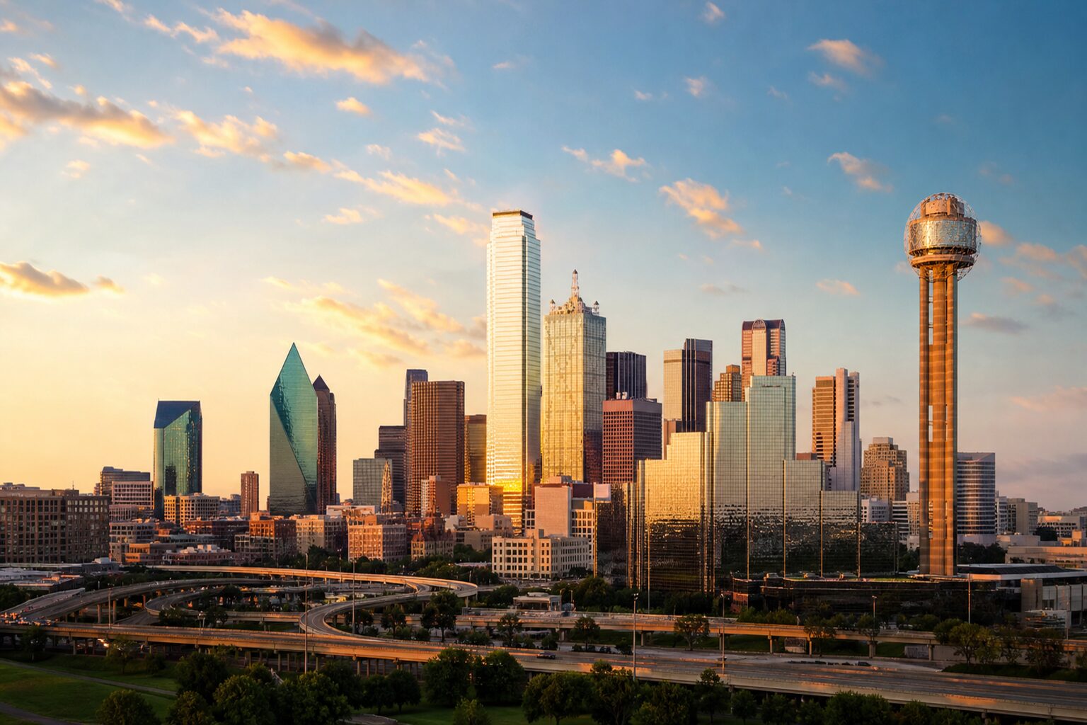 Downtown Dallas, Texas skyline at golden hour
